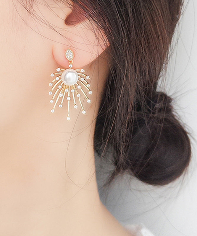 Stylish Gold Sterling Silver Copper Zircon Pearl Drop Earrings Kx1018