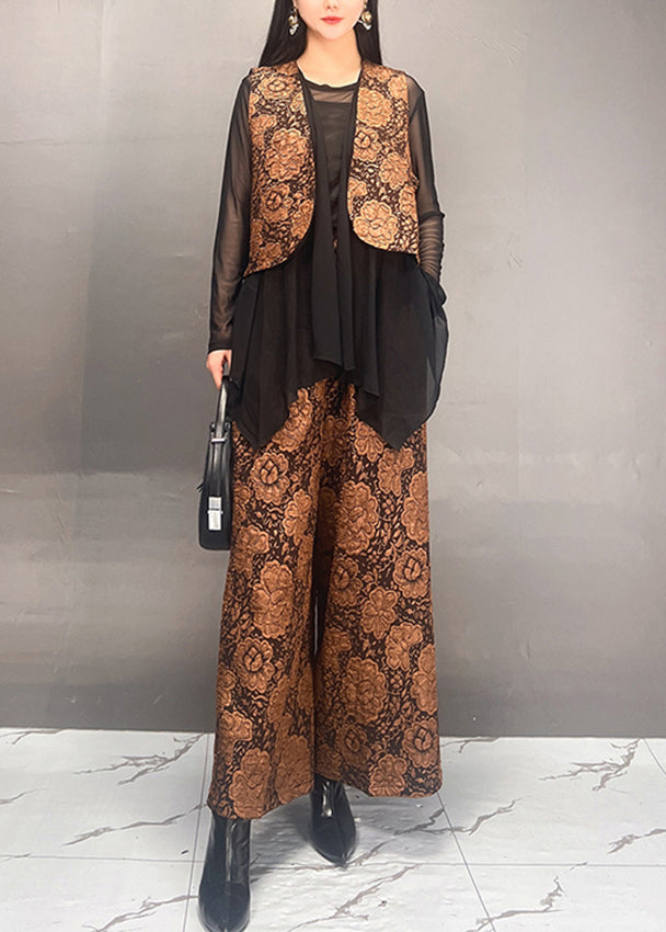 Stylish Gold Tulle Patchwork Coats and Wide Leg Pants Two Piece Set Spring