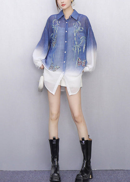 Stylish Gradient Blue Embroidered Button Shirt Fall