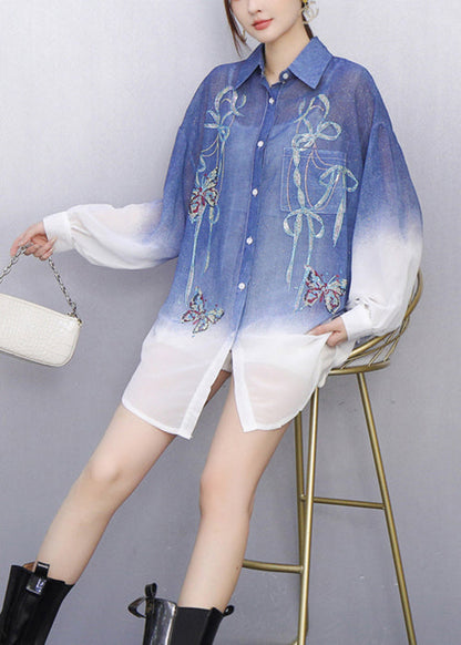 Stylish Gradient Blue Embroidered Button Shirt Fall
