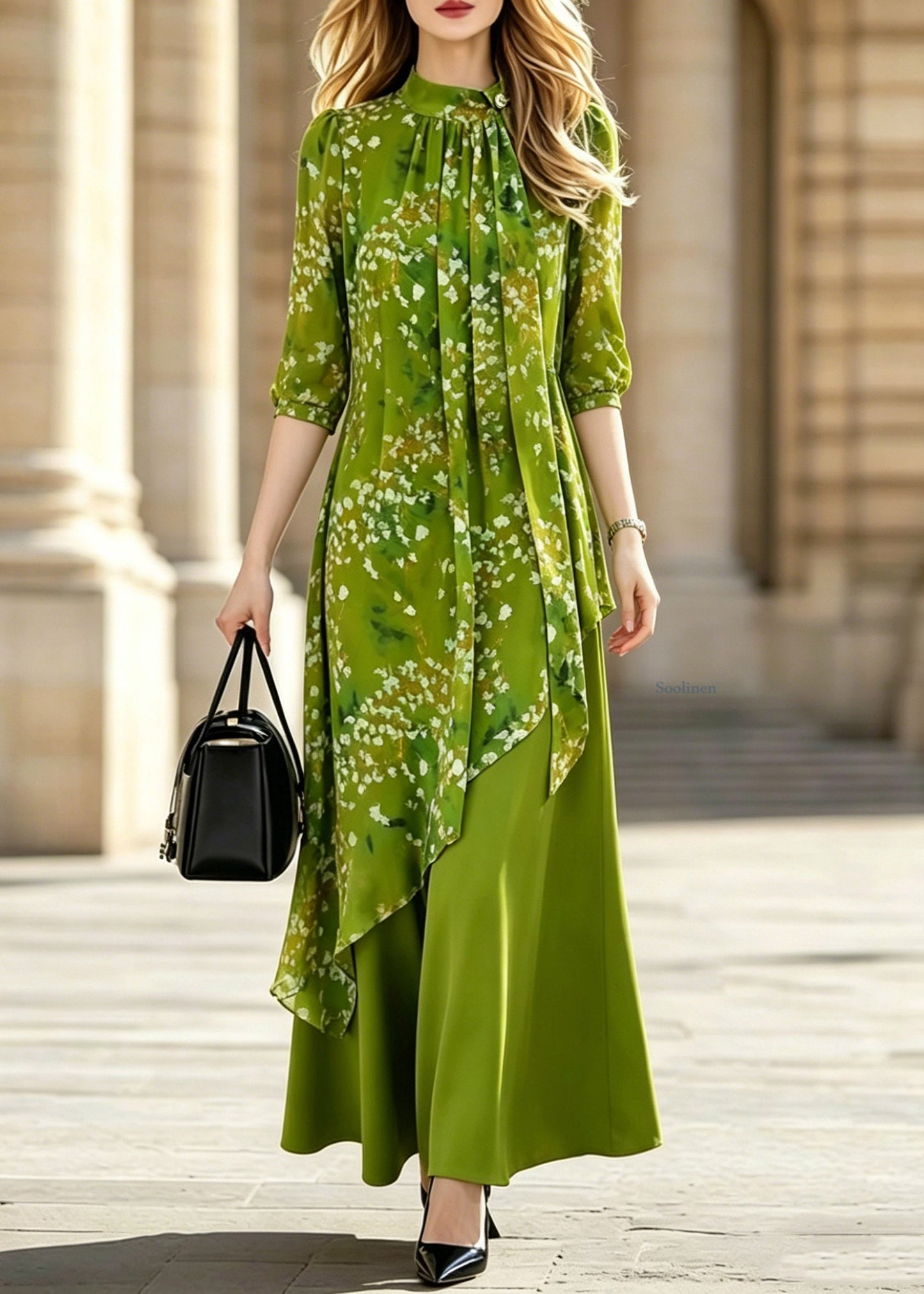 Stylish Green Asymmetrical Print Wrinkled Long Dresses Half Sleeve