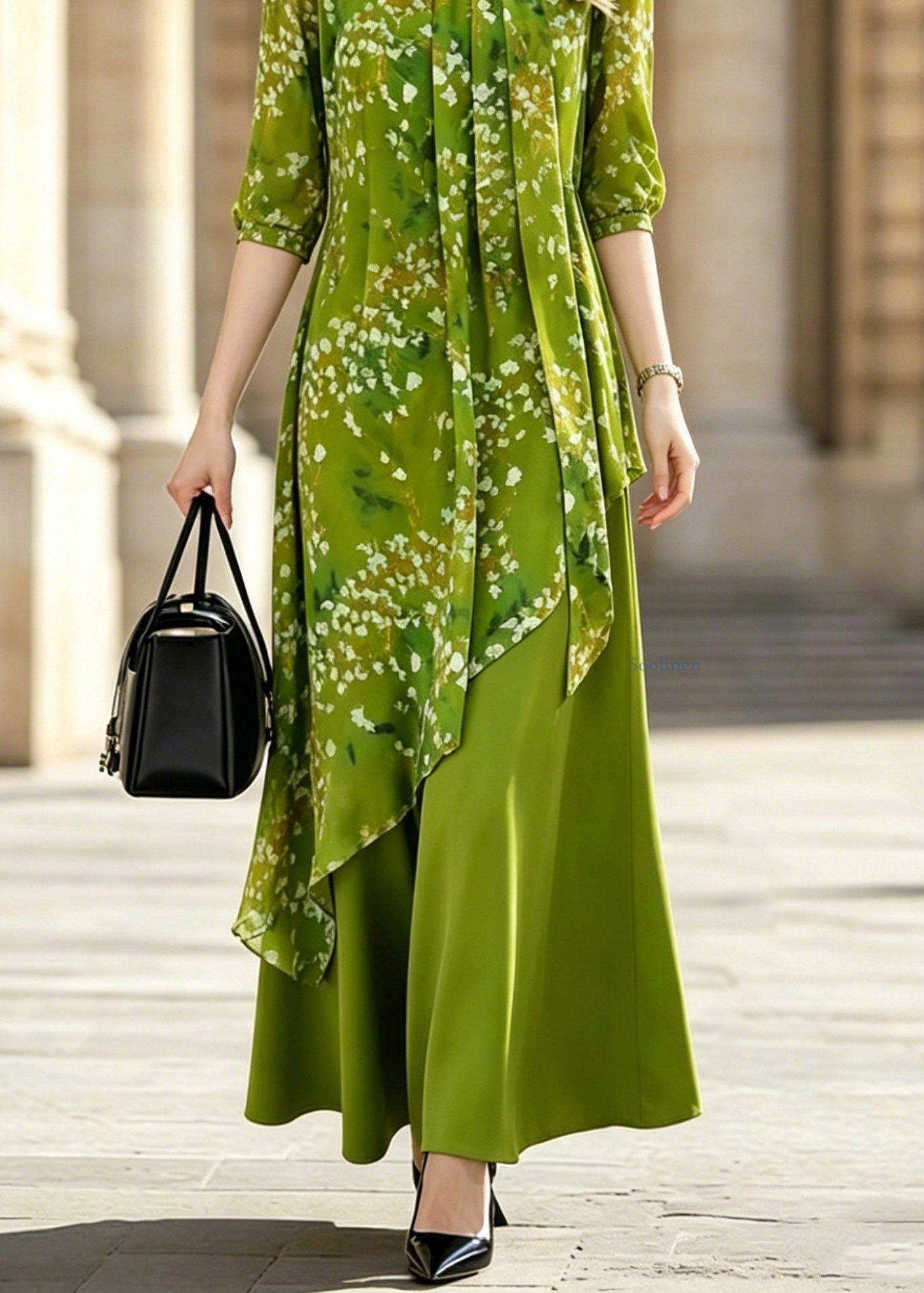 Stylish Green Asymmetrical Print Wrinkled Long Dresses Half Sleeve