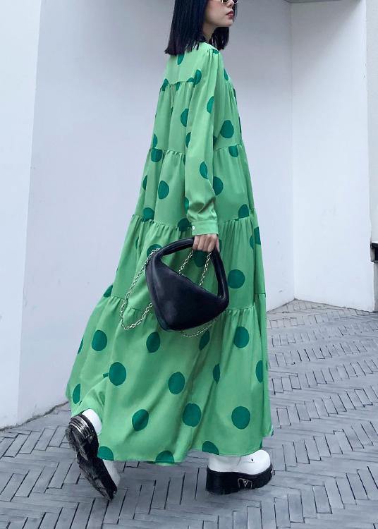 Stylish Green Dot Button Long Sleeve Dress Spring