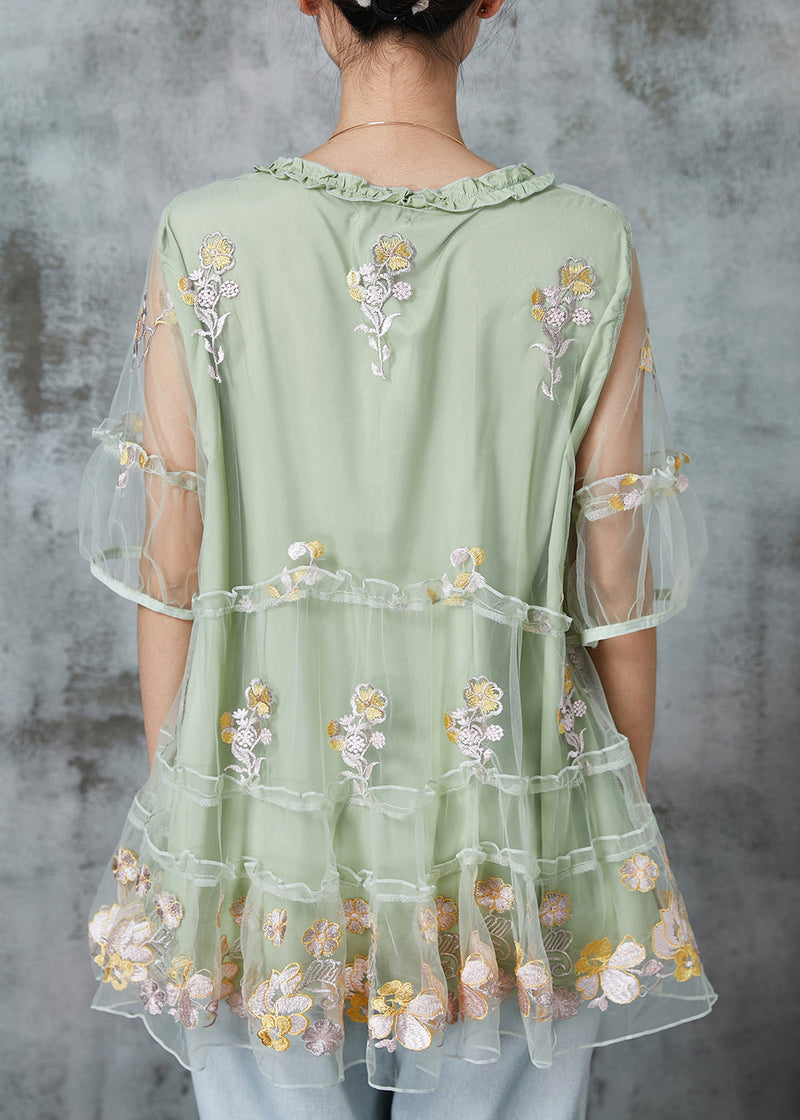 Stylish Green Embroidered Ruffled Tulle Blouse Tops Summer