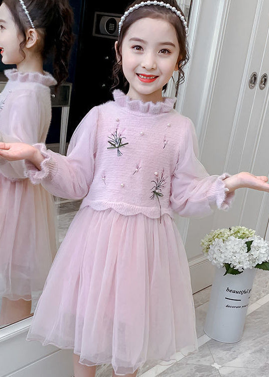 Stylish Green Embroideried Nail Bead Patchwork Tulle Kids Dresses Fall