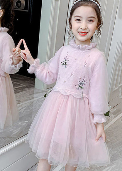 Stylish Green Embroideried Nail Bead Patchwork Tulle Kids Dresses Fall