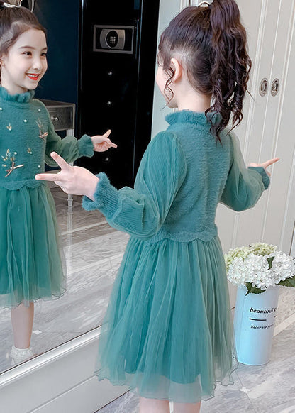 Stylish Green Embroideried Nail Bead Patchwork Tulle Kids Dresses Fall