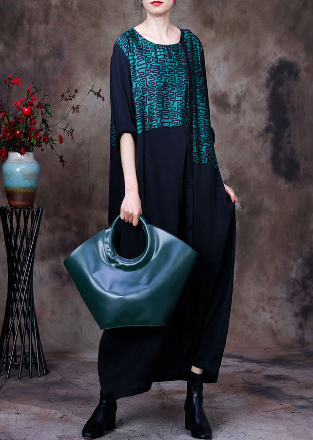 Stylish Green O-neck Asymmetrical Patchwork Curve Silk Long Dress Long Sleeve