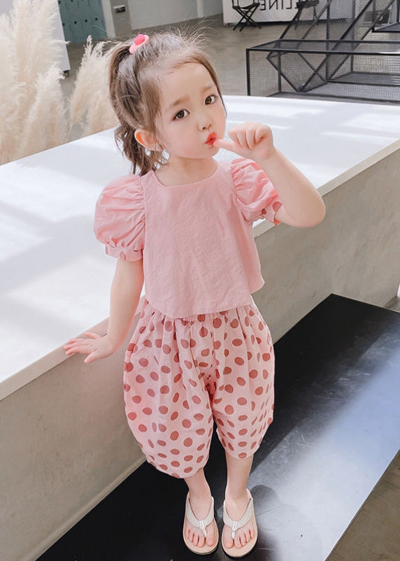 Stylish Green O-neck Print Cotton Top and Crop Pants Two Pieces Set Short Sleeve
