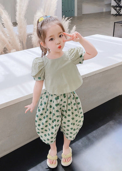 Stylish Green O-neck Print Cotton Top and Crop Pants Two Pieces Set Short Sleeve
