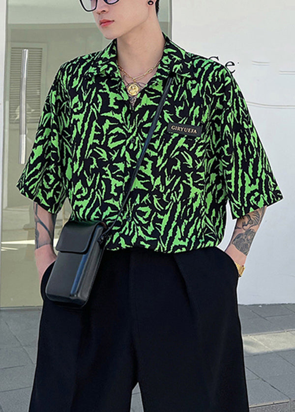 Stylish Green Peter Pan Collar Print Hawaiian Shirts Summer