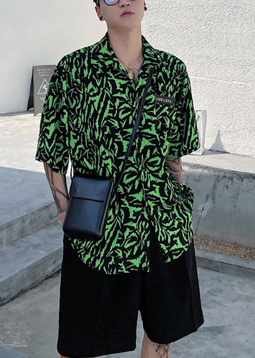Stylish Green Peter Pan Collar Print Hawaiian Shirts Summer