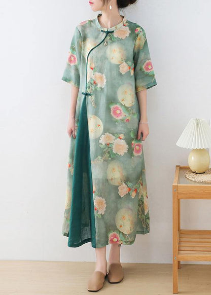 Stylish Green Print O-neck Asymmetrical Design Dress Summer Ramie