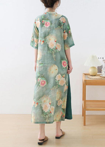 Stylish Green Print O-neck Asymmetrical Design Dress Summer Ramie