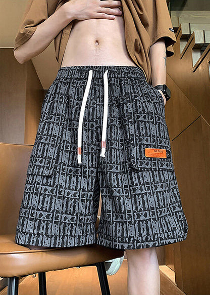Stylish Green Print Pockets Elastic Waist Cotton Shorts Summer