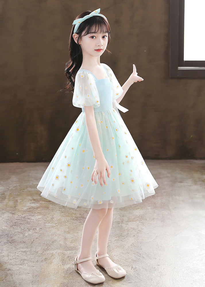 Stylish Green Puff Sleeve Daisy Tulle Kids Mid Dress Summer
