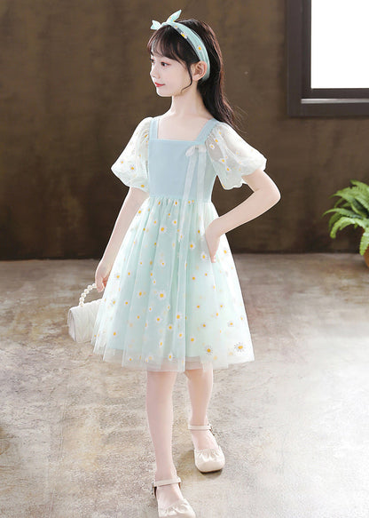 Stylish Green Puff Sleeve Daisy Tulle Kids Mid Dress Summer