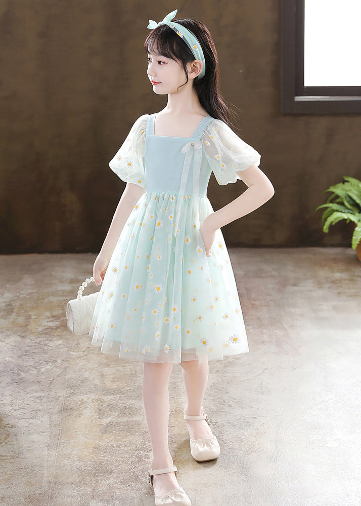 Stylish Green Puff Sleeve Daisy Tulle Kids Mid Dress Summer