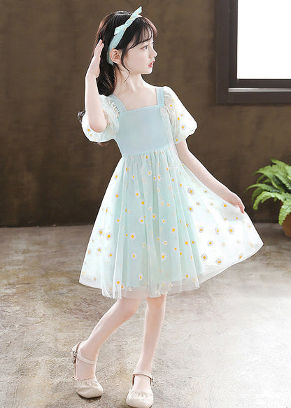 Stylish Green Puff Sleeve Daisy Tulle Kids Mid Dress Summer