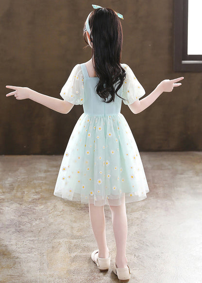 Stylish Green Puff Sleeve Daisy Tulle Kids Mid Dress Summer