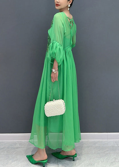 Stylish Green V Neck Embroidered Chiffon Long Dress Fall