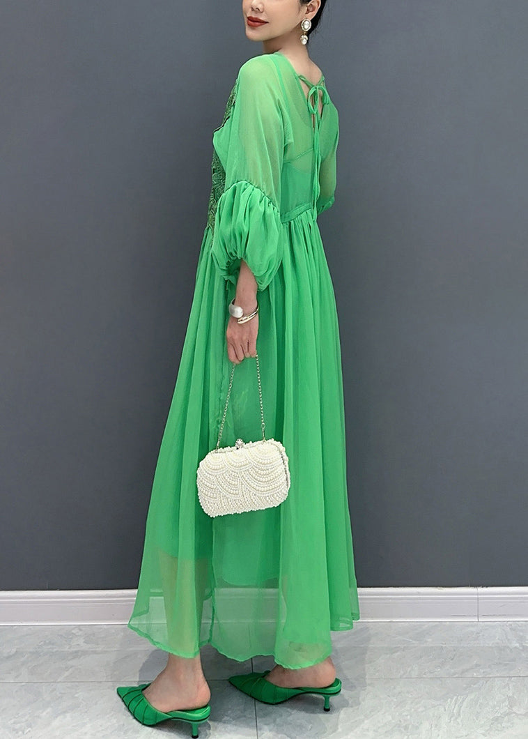 Stylish Green V Neck Embroidered Chiffon Long Dress Fall