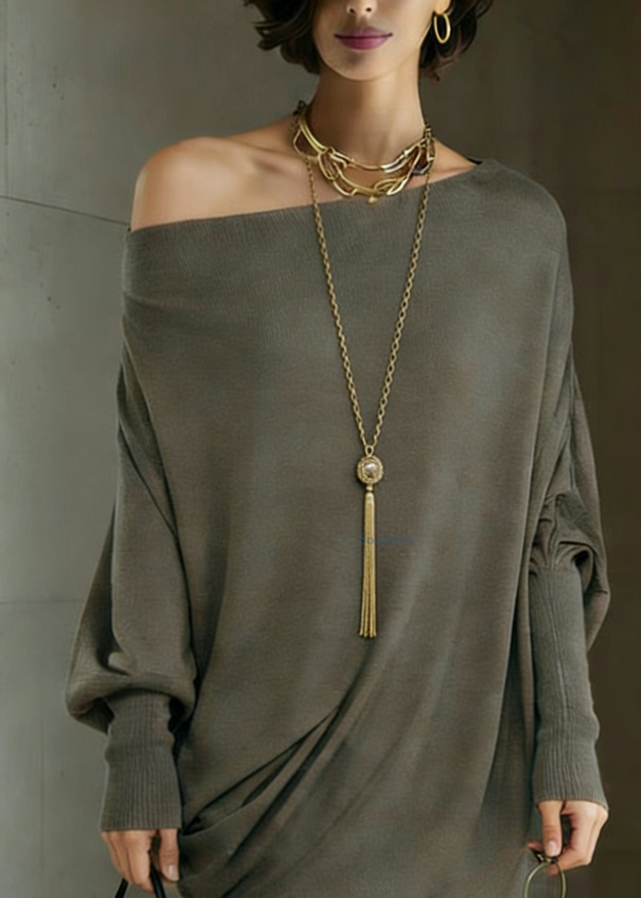 Stylish Grey Asymmetrical Woolen Knit Top Batwing Sleeve