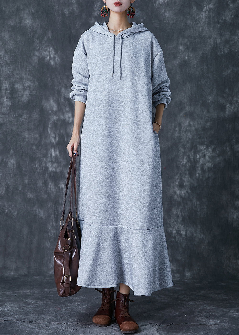 Stylish Grey Hooded Patchwork Ruffles Cotton Pullover Dress Fall
