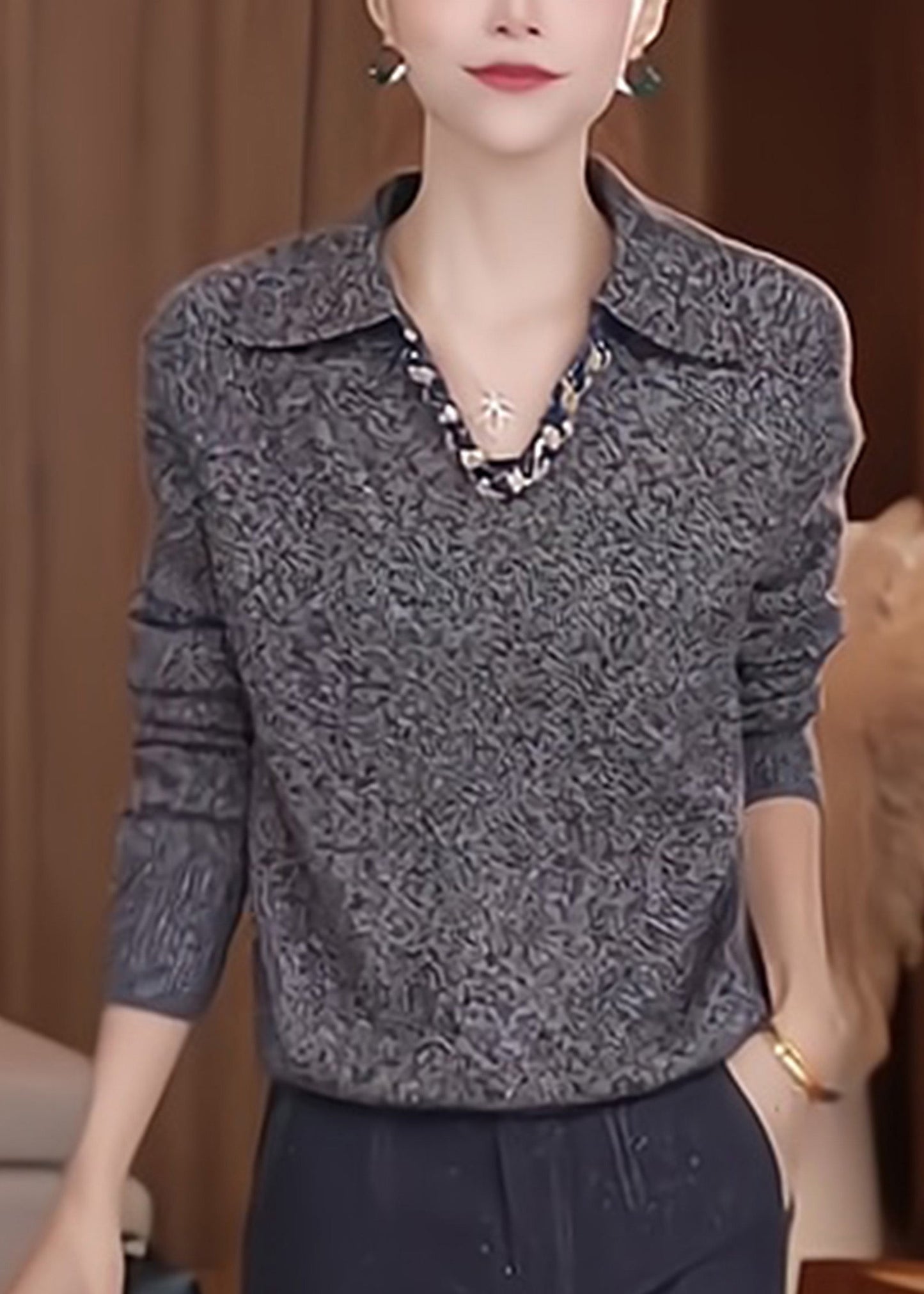 Stylish Grey Peter Pan Collar Patchwork Thick Cotton Knit Sweaters Spring
