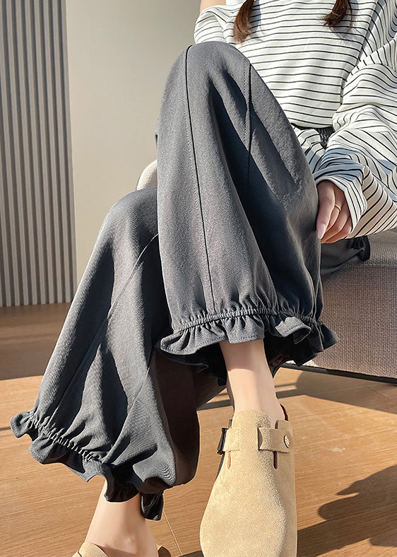 Stylish Grey Ruffled Cotton Wide Leg Pants Spring