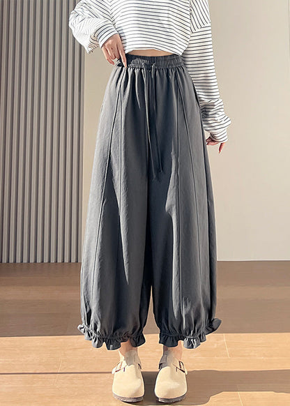 Stylish Grey Ruffled Cotton Wide Leg Pants Spring