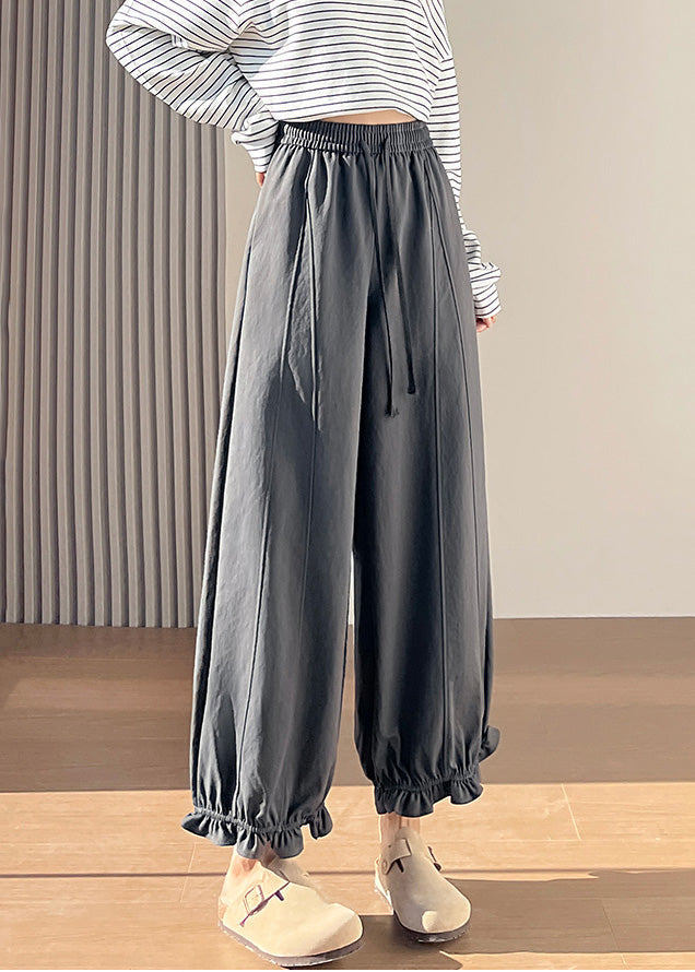 Stylish Grey Ruffled Cotton Wide Leg Pants Spring