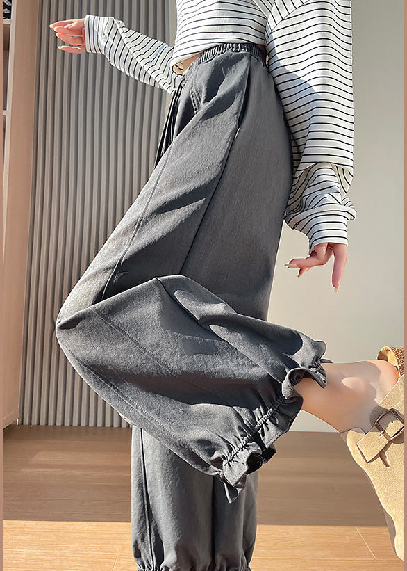 Stylish Grey Ruffled Cotton Wide Leg Pants Spring