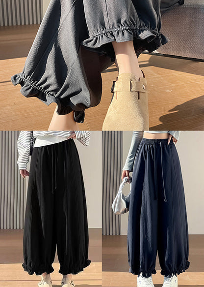 Stylish Grey Ruffled Cotton Wide Leg Pants Spring