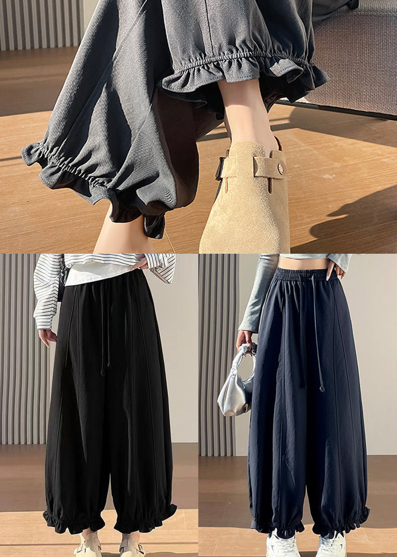 Stylish Grey Ruffled Cotton Wide Leg Pants Spring