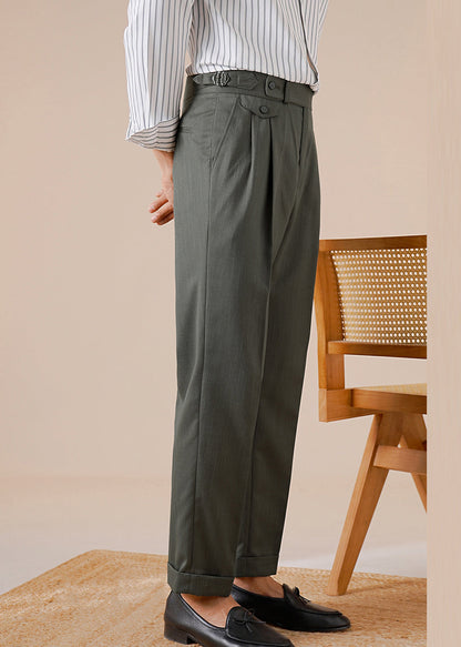 Stylish Jungle Green Pockets Spandex Straight Pants Fall