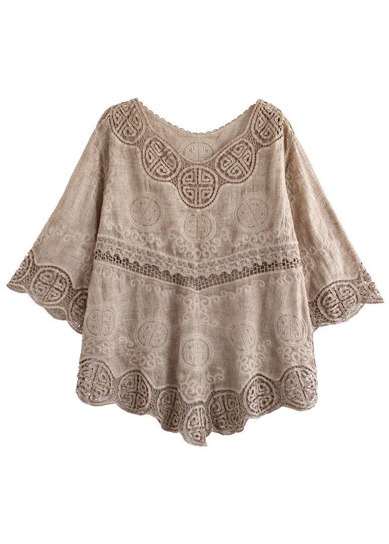 Stylish Khaki O-neck Embroideried Summer Asymmetrical Design Top