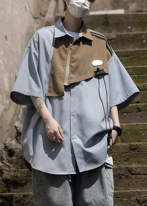 Stylish Light Blue Asymmetrical Zippered Patchwork Shirt Summer