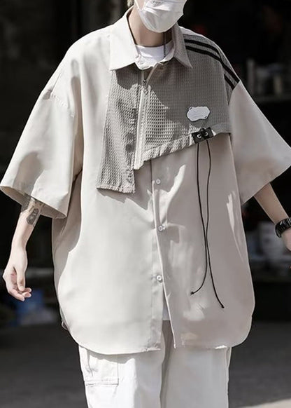 Stylish Light Blue Asymmetrical Zippered Patchwork Shirt Summer