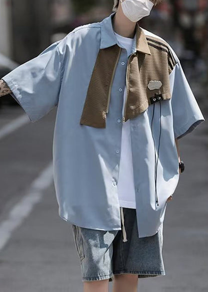 Stylish Light Blue Asymmetrical Zippered Patchwork Shirt Summer