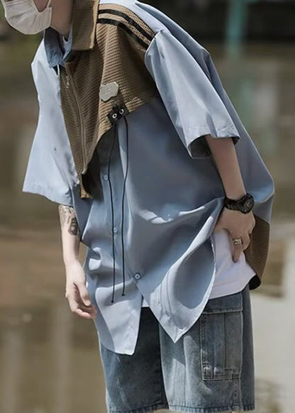 Stylish Light Blue Asymmetrical Zippered Patchwork Shirt Summer