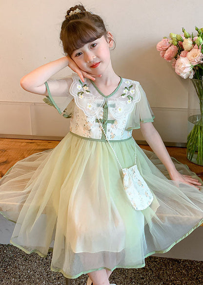 Stylish Light Green Embroideried Wrinkled Patchwork Tulle Kids Dress Summer