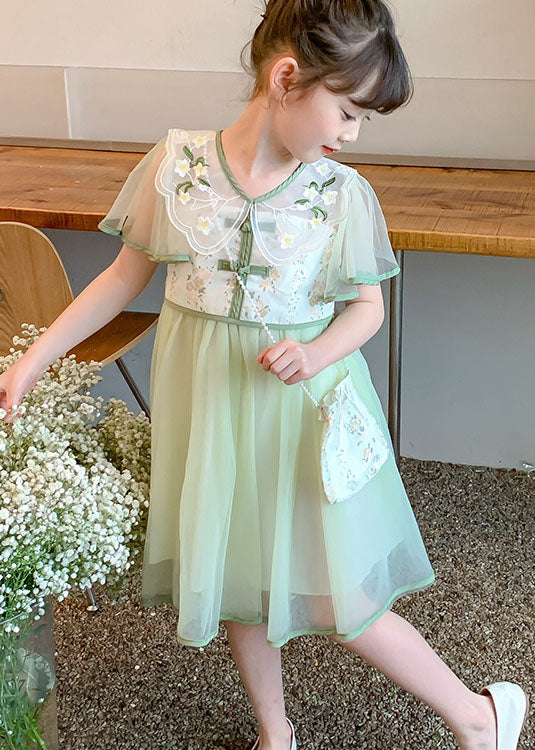 Stylish Light Green Embroideried Wrinkled Patchwork Tulle Kids Dress Summer