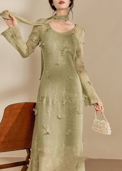 Stylish Light Green O-neck Butterfly Knit Long Dress Spring