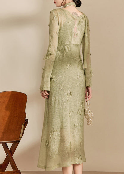 Stylish Light Green O-neck Butterfly Knit Long Dress Spring