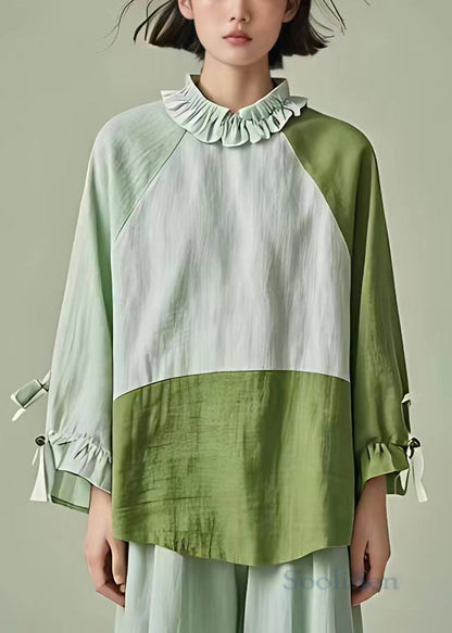 Stylish Light Green Ruffled Patchwork Cotton Blouses Long Sleeve
