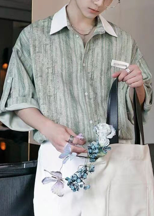 Stylish Light Green Striped Button Patchwork Cotton Shirts Half Sleeve