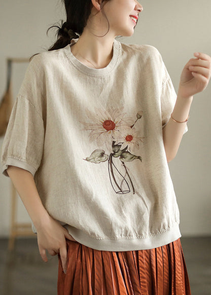 Stylish Linen Color O-neck Oversized Print Linen Tank Tops Short Sleeve
