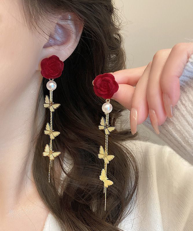 Stylish Mulberry Sterling Silver Alloy Flocking Pearl Butterfly Drop Earrings