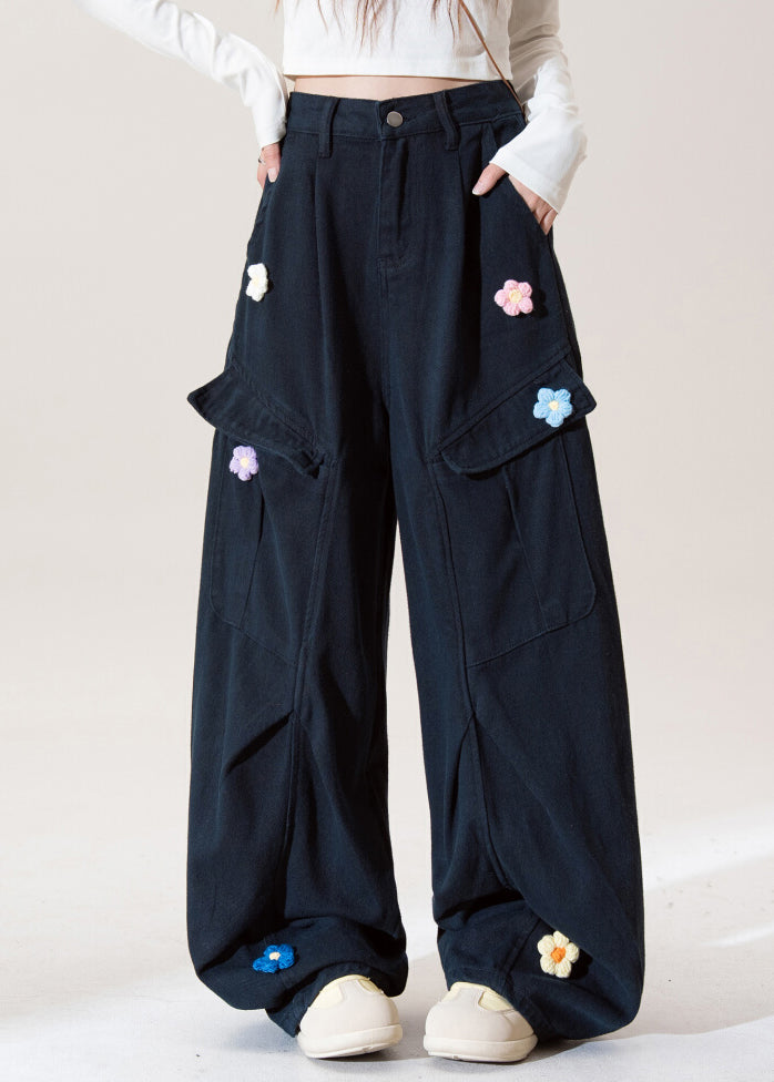 Stylish Navy Embroidered Pockets Cotton Pants Spring